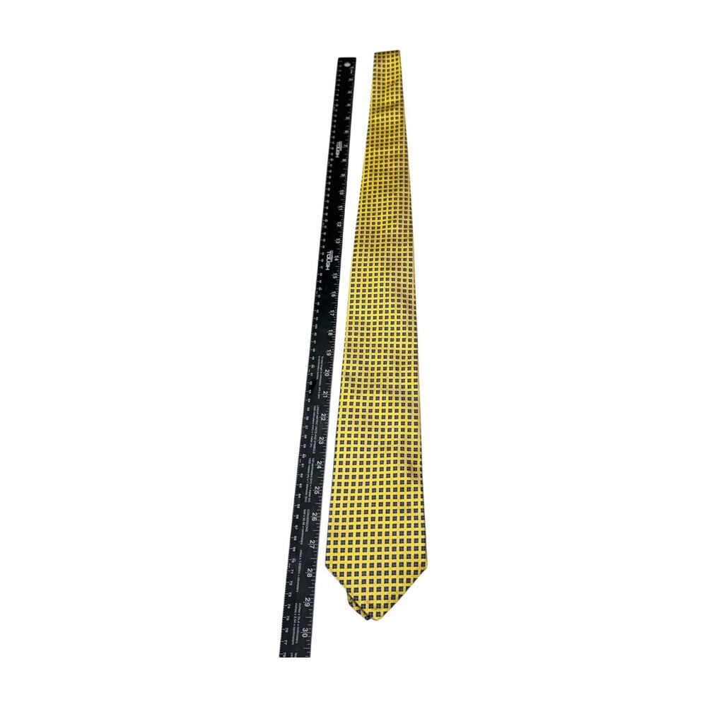 XMI Platinum Mens Necktie 100% Silk Yellow & Navy Checkerboard 30" Length Formal - Picture 7 of 8
